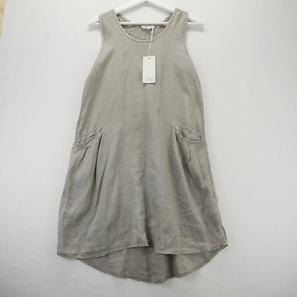 Bellambra Italy Linen Crochet Lace Shift Dress Tan Beige Sleeveless NWT Small
